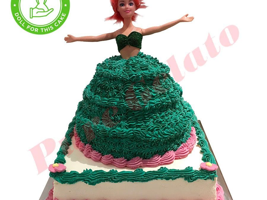 DOLL-CAKE-2-TIER-ARIEL-GREEN-DRESS+PINK-BOTTOM-PIPING