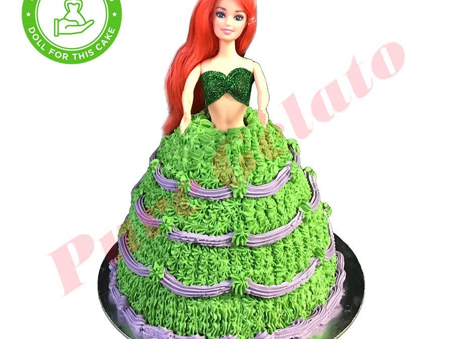 DOLL-CAKE-ARIEL-GREEN-DRESS-PURPLE-PIPING