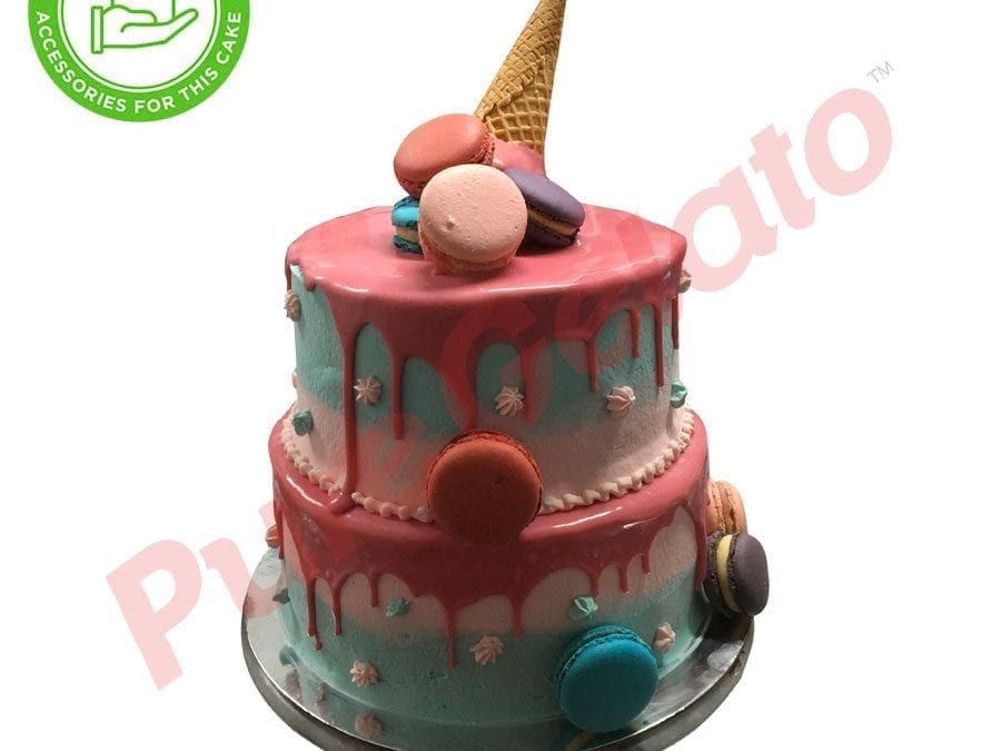 2 tier 4 stack 2 tone Cream pink choc drip upside down Cone Customers macaroons