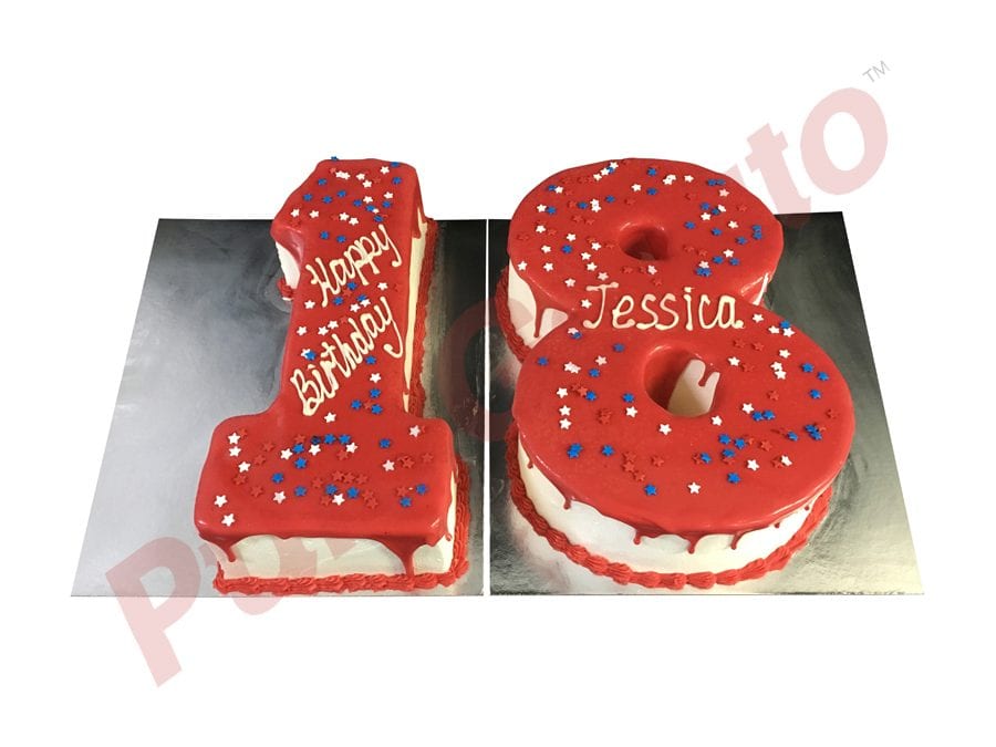 Numeral Cake 18 Red Choc Drip+Piping Star sprinkles