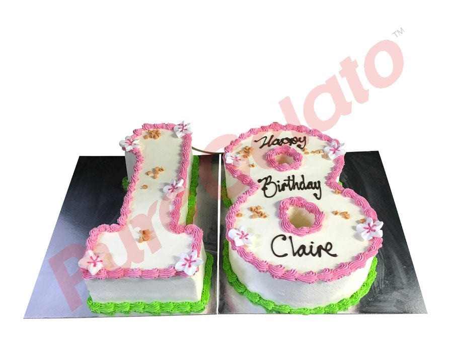 NUMERAL CAKE 18 SMOOTH CREAM PINK+GREEN PIPING+FRANGIPANIS