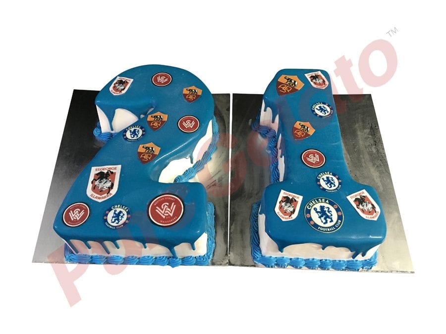 Numeral Cake 21 Blue Choc-Drip piping+Sports logos