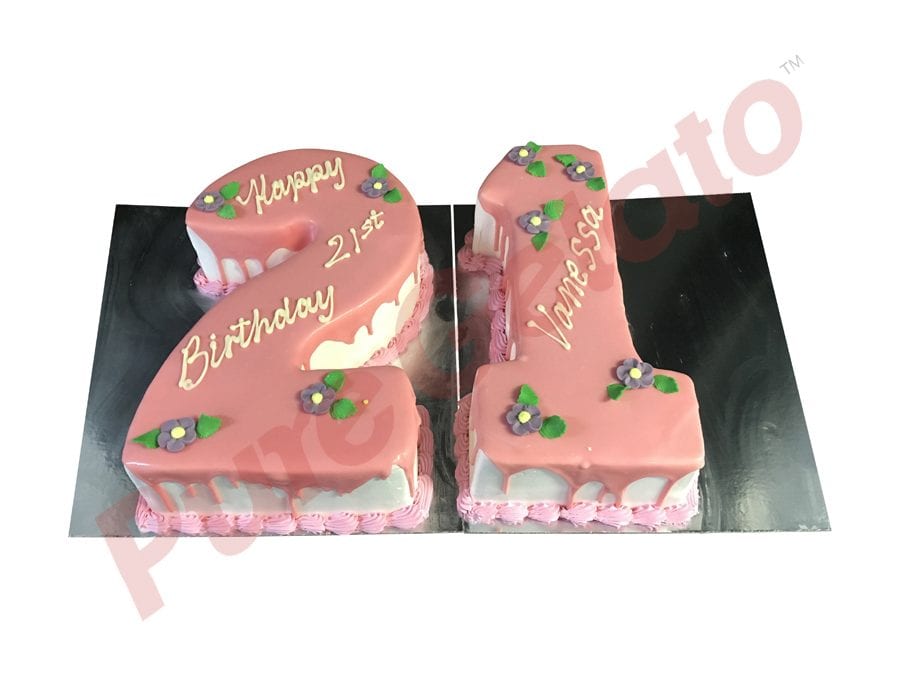 Numeral Cake 21 light pink Choc Drip+Piping Purple flowers