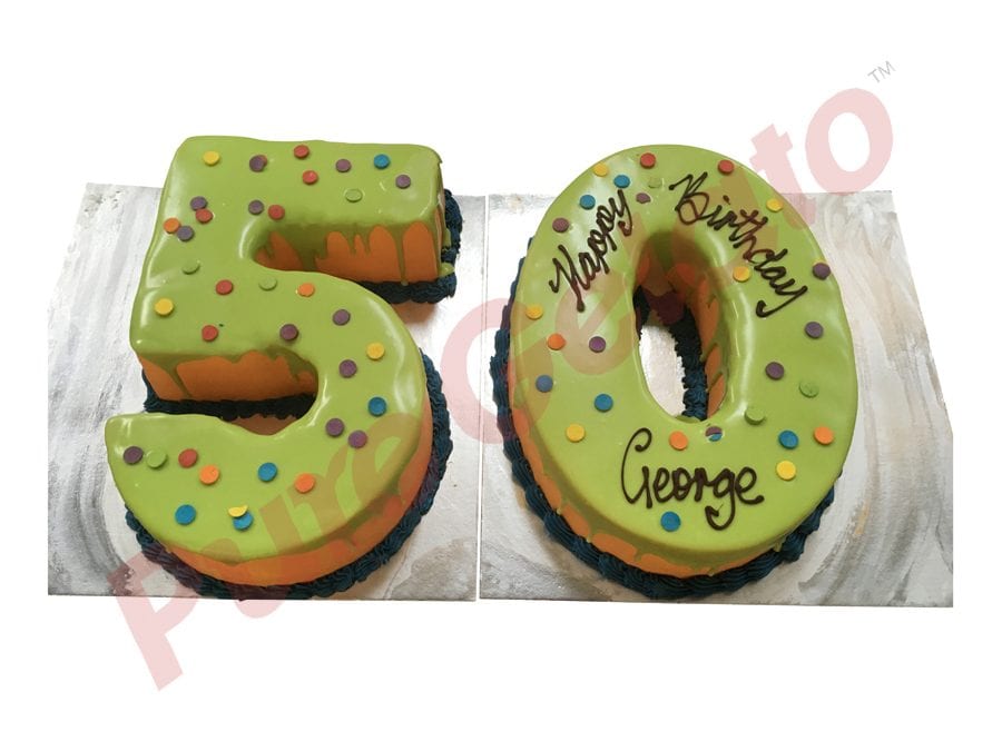 Numeral Cake 50 Green Choc-Drip Orange Cream+Dot sprinkles on top